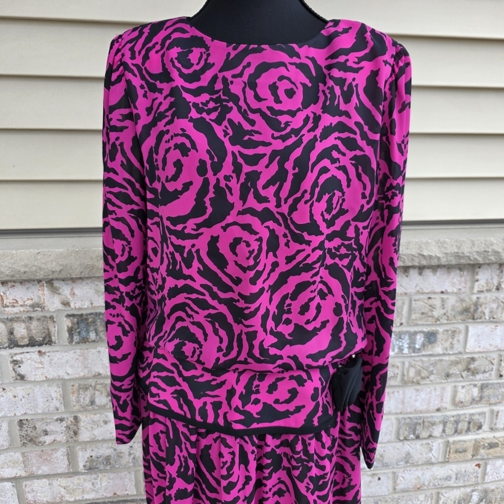 Vintage 80s R&K Originals Pink Rose Print Peplum Dress - Picture 2 of 14